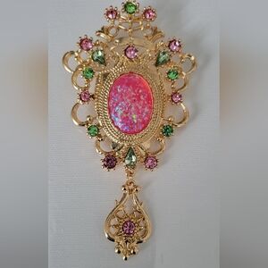Gorgeous Multi Color Rhinestones And Acrylic Goldtone  Brooch